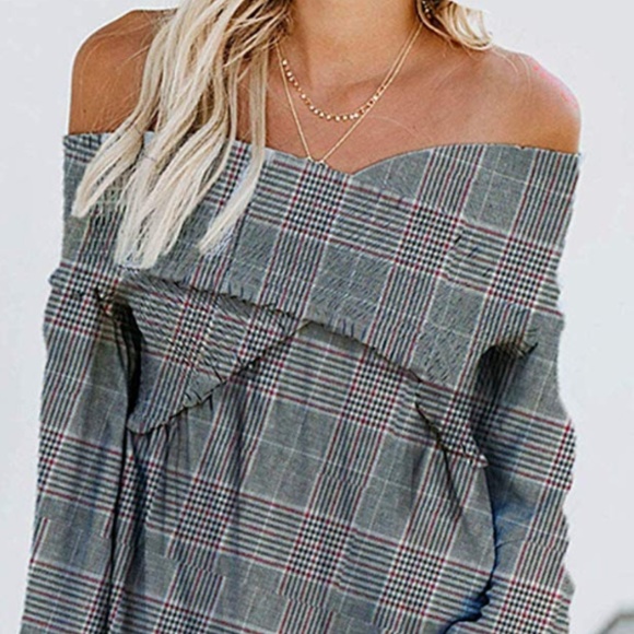 π€HPπ€ MELISSA Plaid Off Shoulder Blouse - Picture 5 of 8